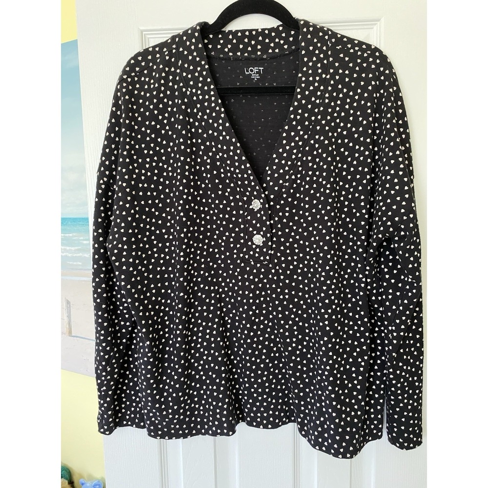 LOFT Outlet Black White Mini Heart Print Henley Top Rhinestone Buttons Sz XL